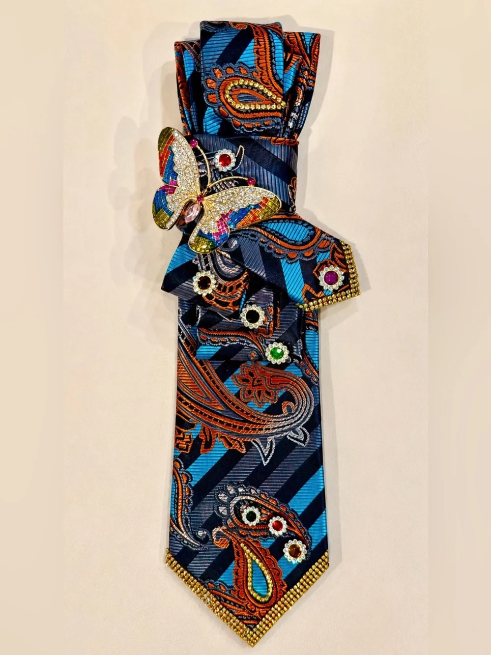 Multicolor Paisley TIE NECKLACE with Rhinestone Butterfly and Gold Accents